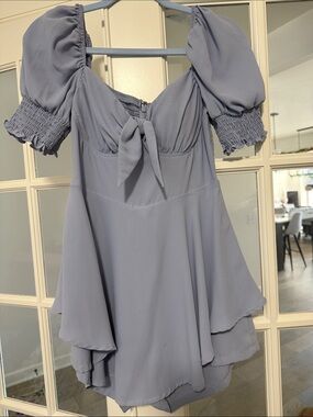 Lulus Women's Slate Blue Puff Sleeve Tie-Front dress